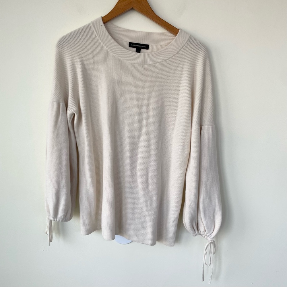 Banana Republic Ribbed Wool Modal Blend Tie Blouson Sleeve Sweater Ivory L Large